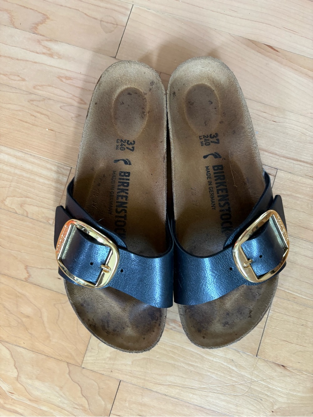 Birkenstock Black Leather Single-strap Slide with Gold Buckle